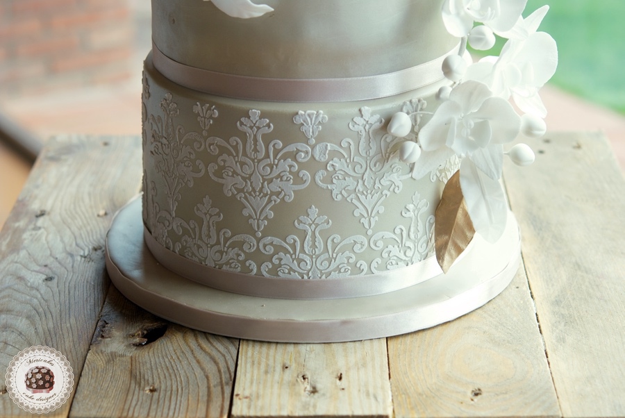 Orchid and Damask Wedding Cake