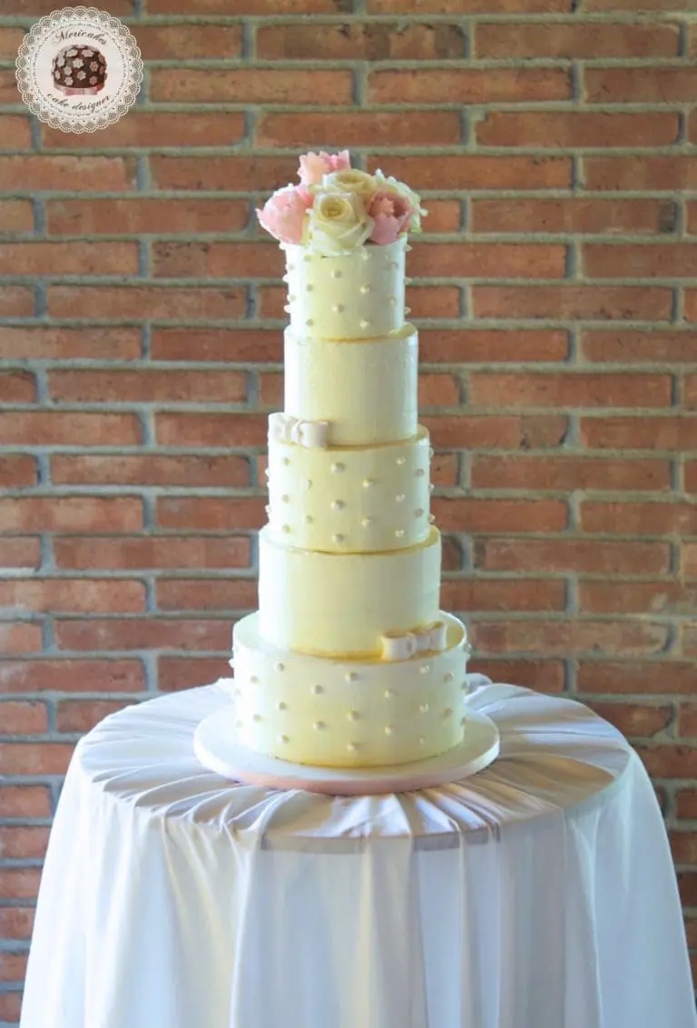 Cream Dots & Flowers Wedding Cake
