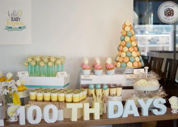 Mesa dulce, baby shower, dessert table, 100 th day, chick, pollito, mericakes, barcelona, eventos, macarons, galletas decoradas, cake pops 18