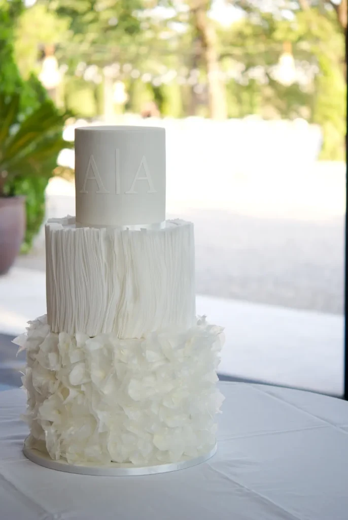 Monogram wedding cake in wafer paper at Castell de Sant Marçal, Barcelona