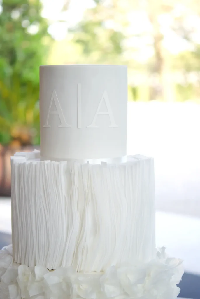 Monogram wedding cake in wafer paper at Castell de Sant Marçal, Barcelona