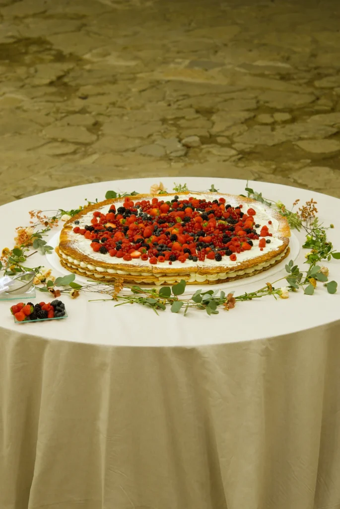 Italian millefoglie wedding cake served at an outdoor wedding in Barcelona