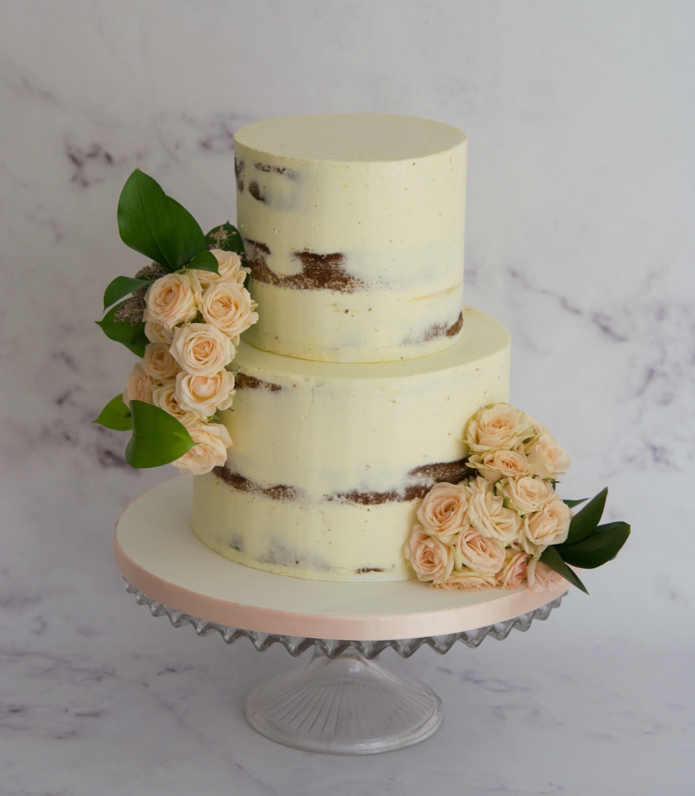 Peach roses Semi Naked Wedding Cake