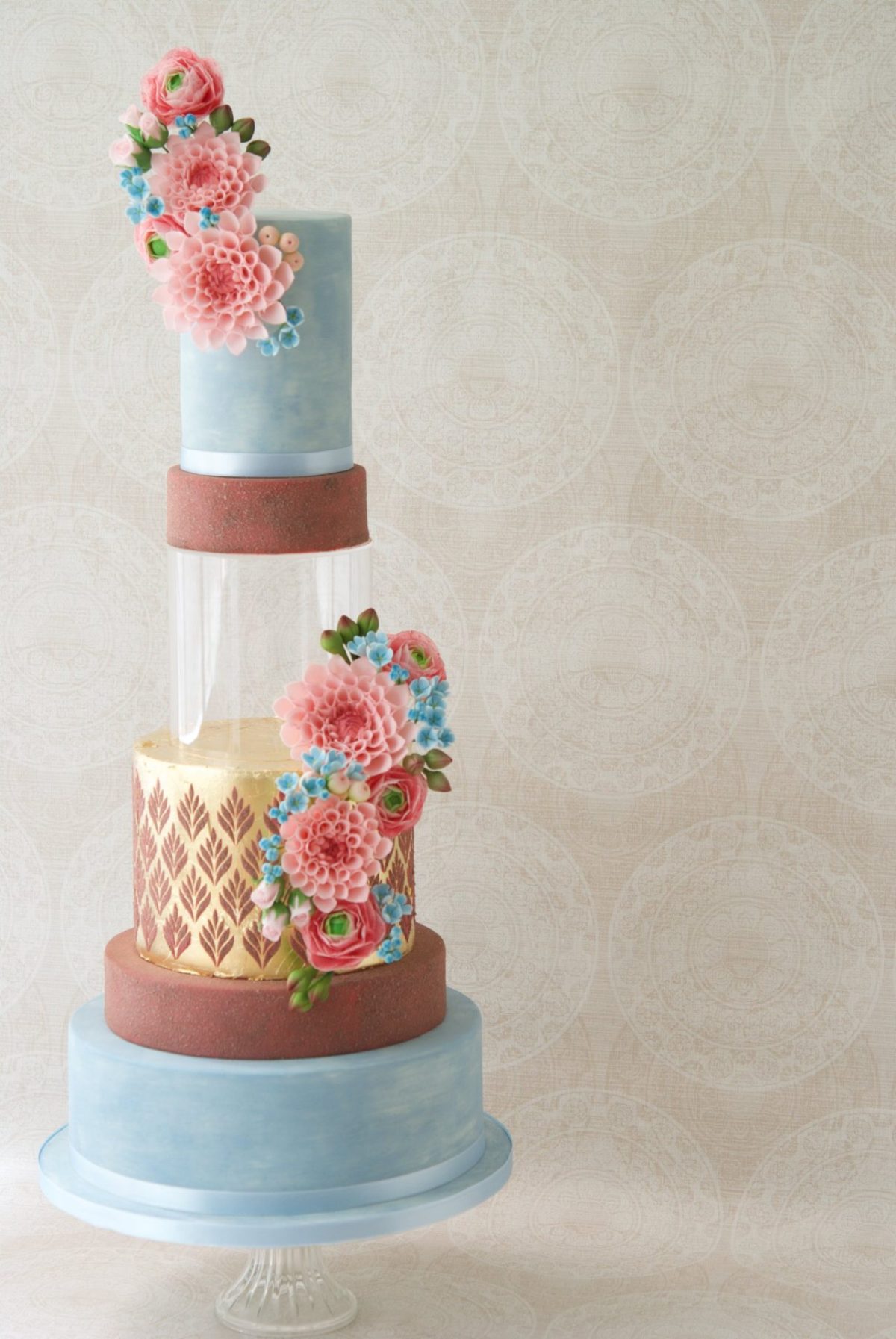 Blooms and velvet blush wedding cake