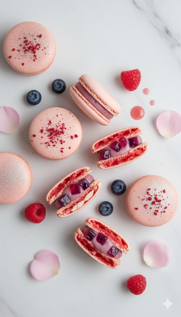 Rosa y frutos rojos macarons