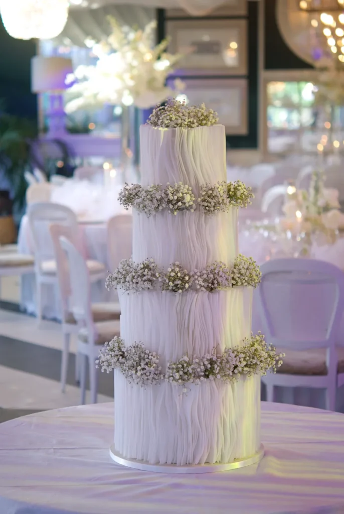 Minimalist four-tier wedding cake with architectural wafer paper texture