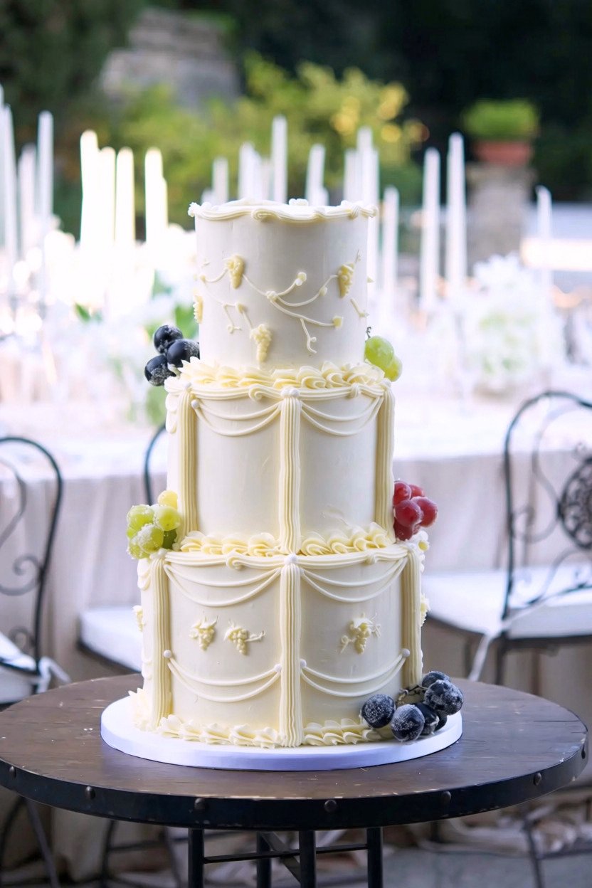 Piped vintage wedding cake with sugared grapes at La Baronia, Barcelona