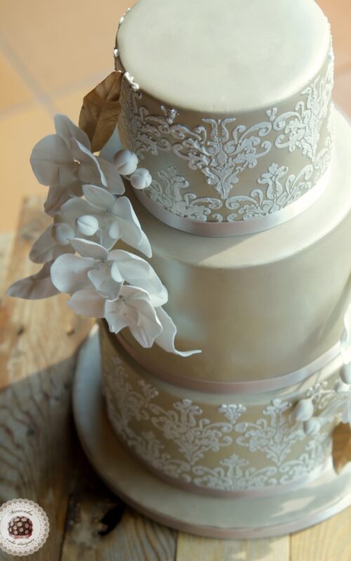Orchid and Damask Wedding Cake