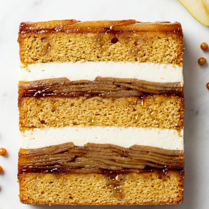 Tatin de pera al caramelo, yogur y flor de sauco
