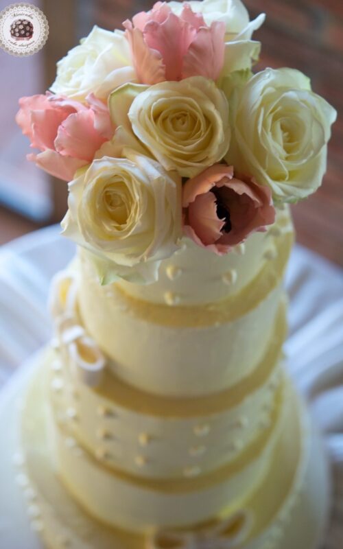 Cream Dots & Flowers Wedding Cake
