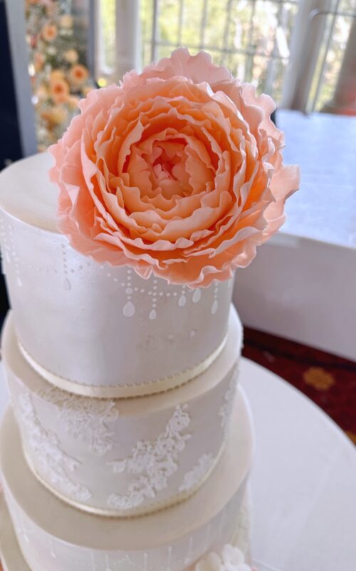 peach blooms wedding cake