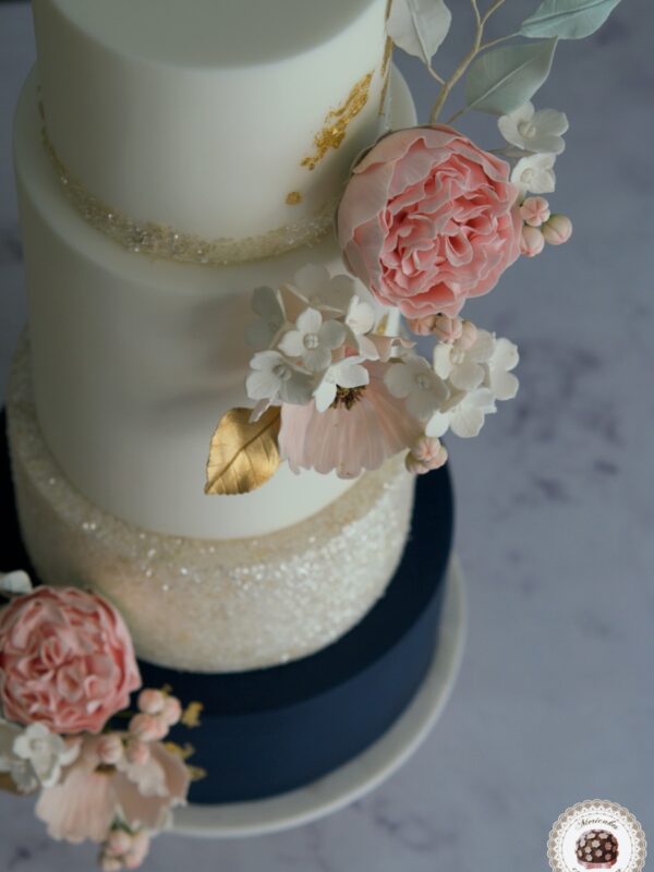 Navy and Blooms Wedding Cake