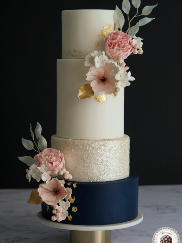 Navy and Blooms Wedding Cake